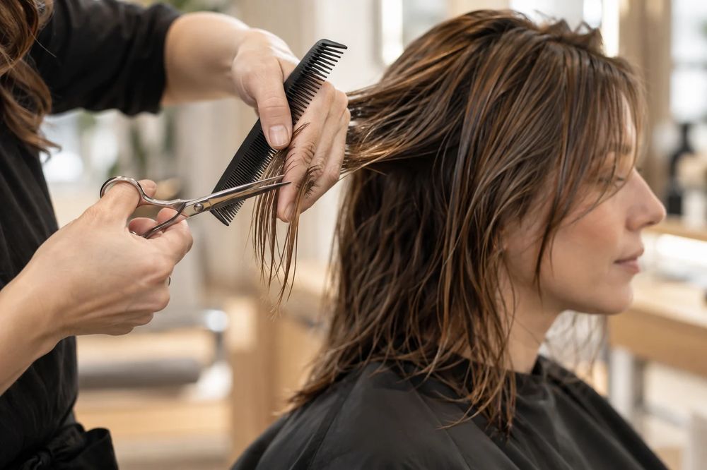 Peluquera cortando el pelo a una clienta